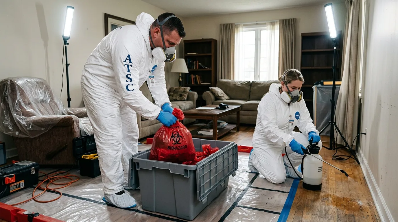 Professional Biohazard Cleanup technician in full PPE working in Foster City